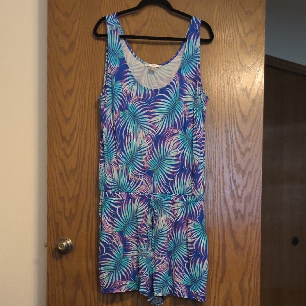 VENUS Blue and Purple Leaf Print Romper XL